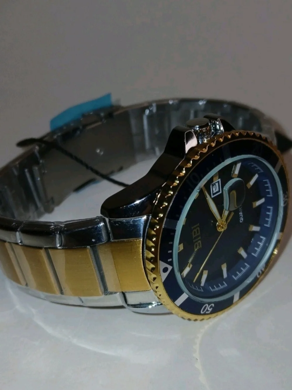 BiBi Quartz Diver Style Date Watch Blue Dial Silver Case Silver Gold Band New